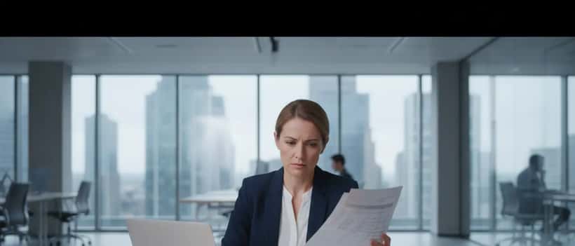 British HR manager reviewing employment documents at a professional office desk