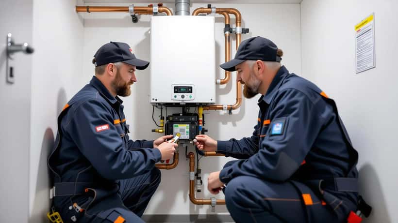 Heizungsinstallateur prüft moderne Gasheizung in deutschem Keller — Biomethan Biotreppe GModG 2026