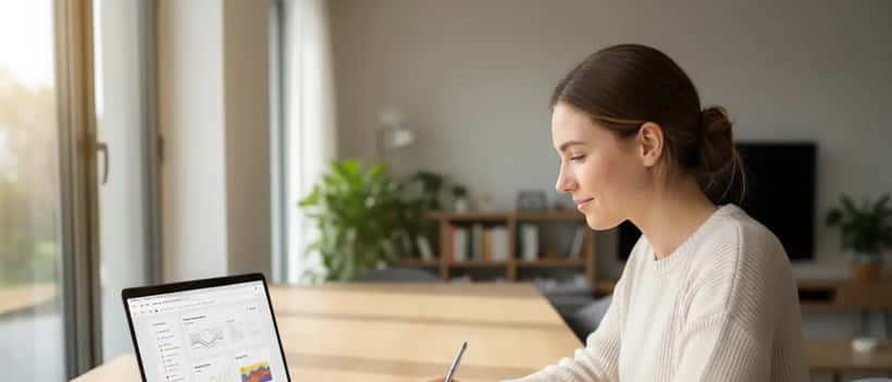 A British woman studies a foreign language at her desk, inspired to invest in language learning for career advancement