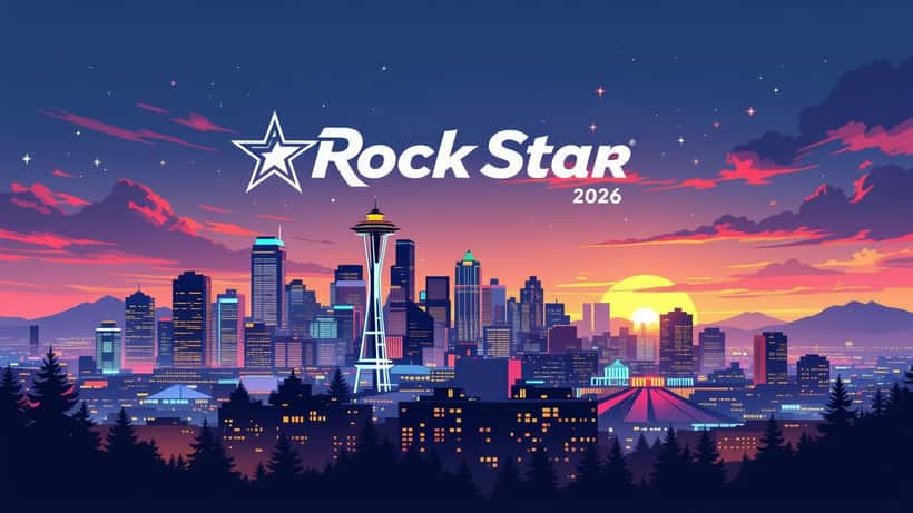 GTA VI promotional cityscape illustration with neon lights and 2026 release motif