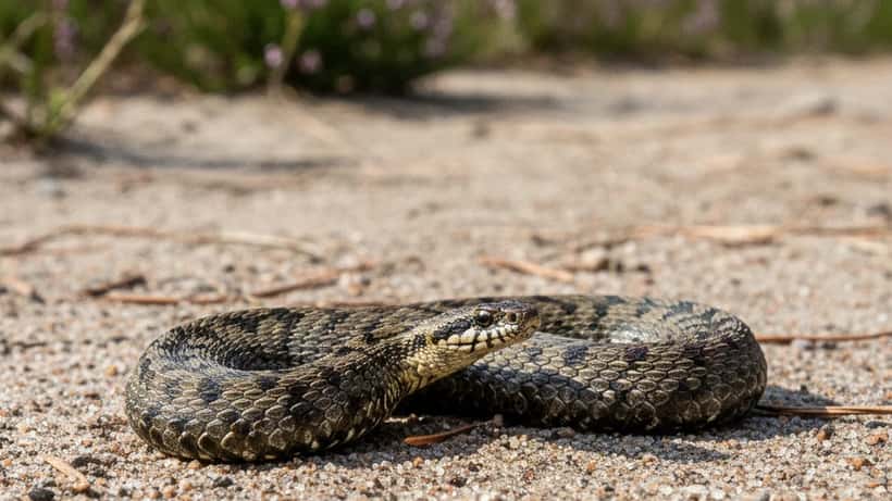 Adder (Vipera berus) op Nederlandse heidegrond in de lente