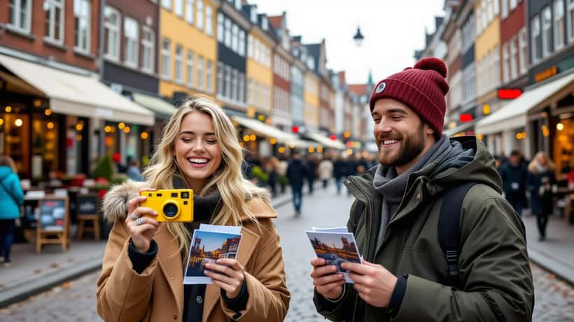 Unge danskere med engangskamera og printede fotos på en gade i København