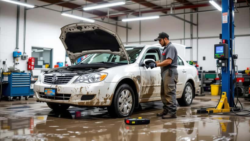 Mecánico latino inspecciona un carro dañado por inundación en un taller