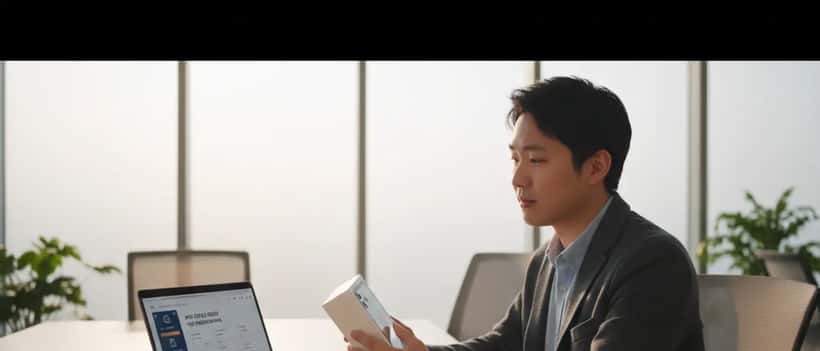 IT specialist reviewing iPhone 17e box next to a laptop showing mobile device management dashboard in a business office