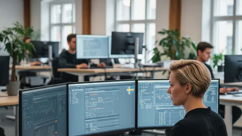 Svensk IT-säkerhetskonsult analyserar nätverkstrafik på skärmar i Stockholmskontor