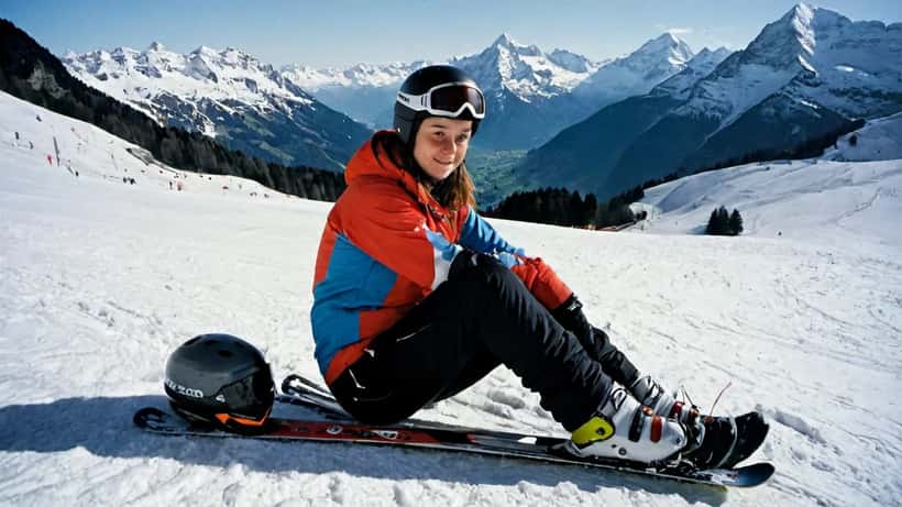 Jeune skieuse suisse assise sur une piste enneigée des Alpes, casque retiré, expression pensive après une décision difficile