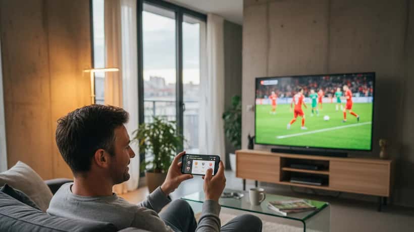 Homme français regardant du football et consultant une application de paris sportifs sur son téléphone