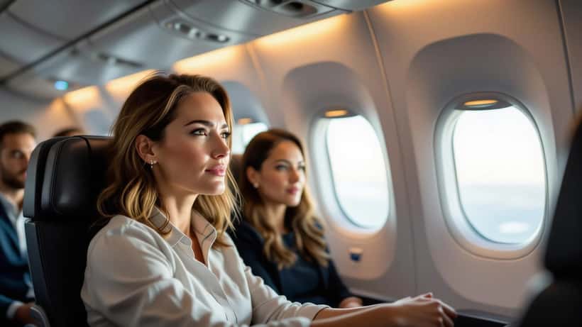 Anxious passenger gripping the armrest and looking out an airliner window during a flight