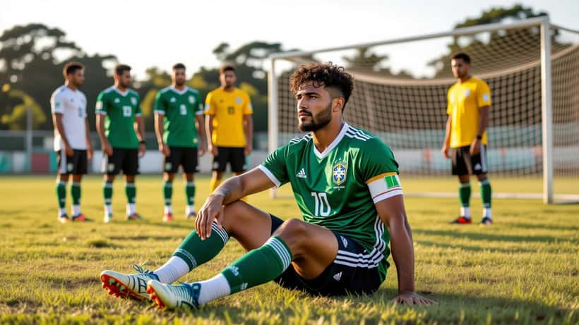 Jogador amador de futebol segurando o joelho lesionado em campo de várzea em São Paulo