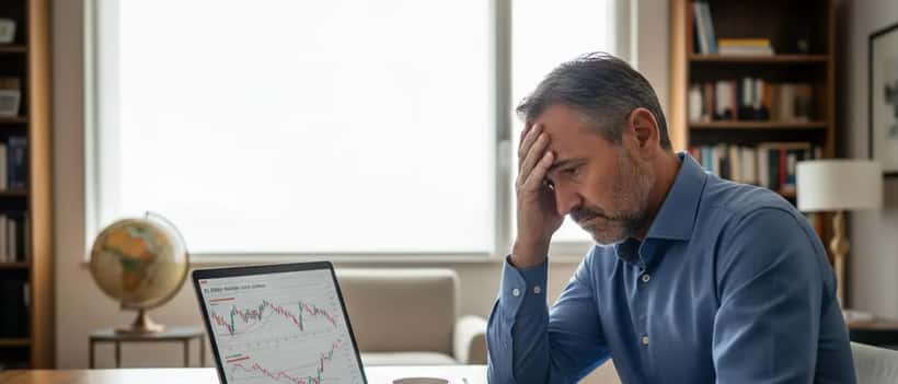 Uomo italiano che analizza grafici finanziari su laptop preoccupato per la crisi geopolitica
