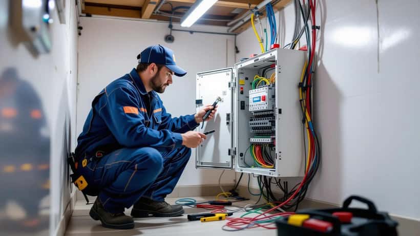 Eletricista verificando quadro de distribuição elétrica em apartamento antes de festa de futebol
