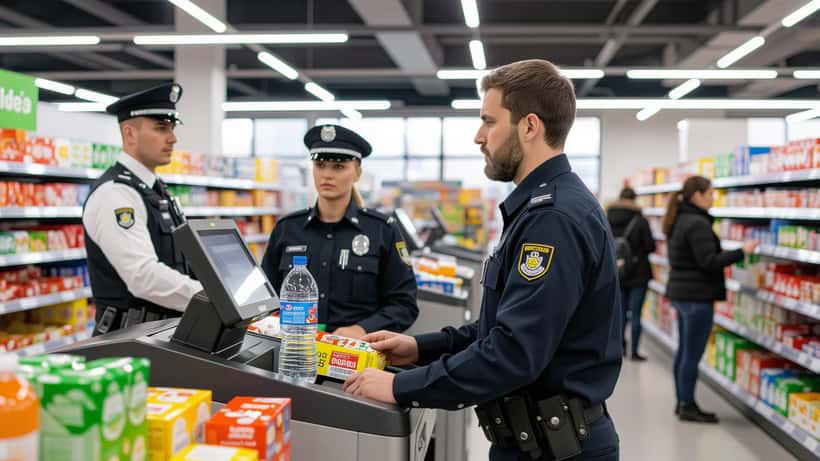 Kunde an Selbstbedienungskasse im Supermarkt, Sicherheitspersonal im Hintergrund, Deutschland 2026