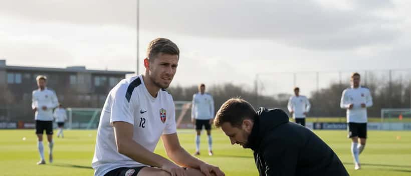Norsk fotballspiller som får ankelen tapet av en idrettsfysioterapeut på treningsanlegget