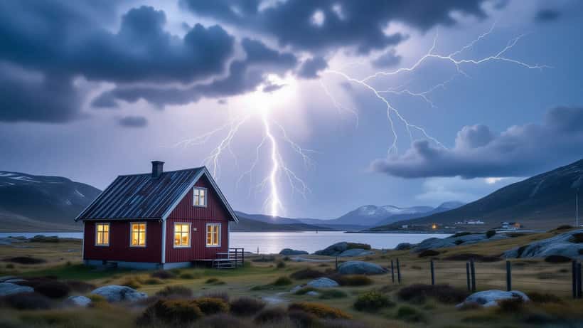 Tordenvær over norsk landsbygd med lynnedslag ved rødt trehus