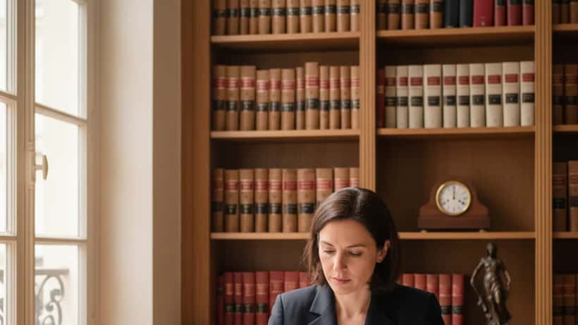 Avocate française en costume sombre consultant des documents juridiques dans son bureau parisien