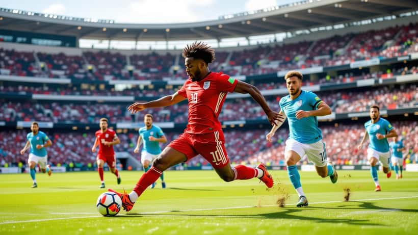 Jonge voetballer in actie tijdens een wedstrijd in een modern stadion