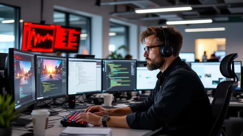 IT security analyst monitors security alert dashboards after GTA 6 Cyberleek breach in Vancouver tech office