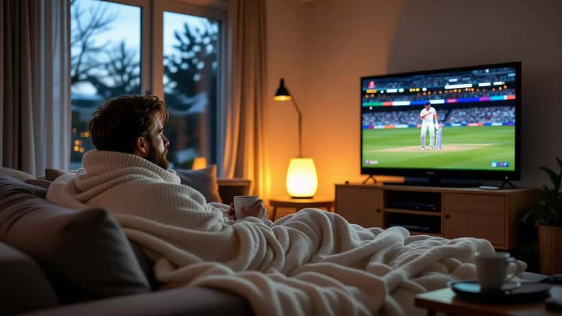 Australian cricket fan watching a late-night match on a large TV with a portable heater in a winter living room