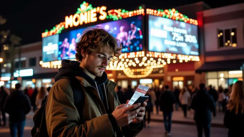 Young fan checking concert cancellation notification on phone outside a US music venue at night