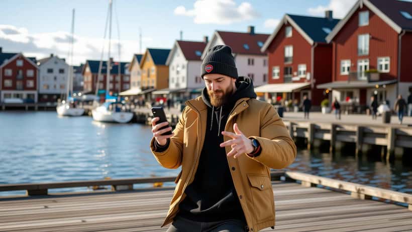 Ung norsk innholdsskaper danser og filmer seg selv med smarttelefon i Fredrikstad havn
