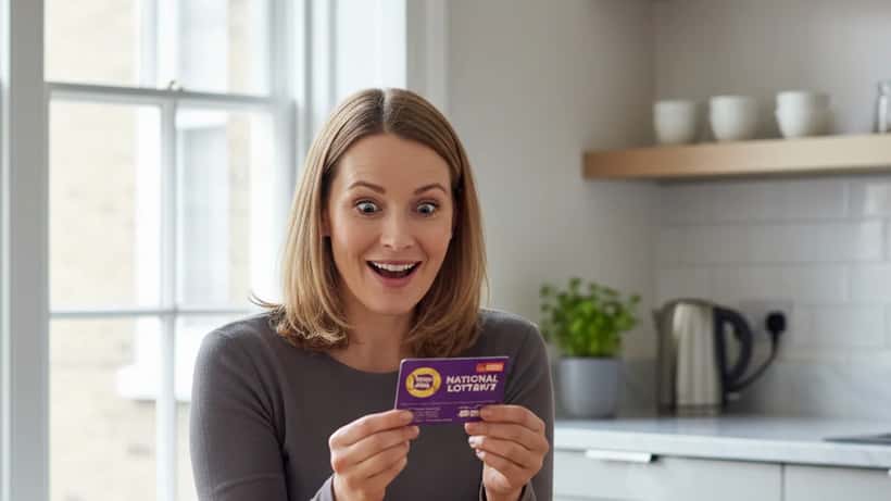 British woman at kitchen table holding National Lottery ticket with surprised expression, Easter 2026