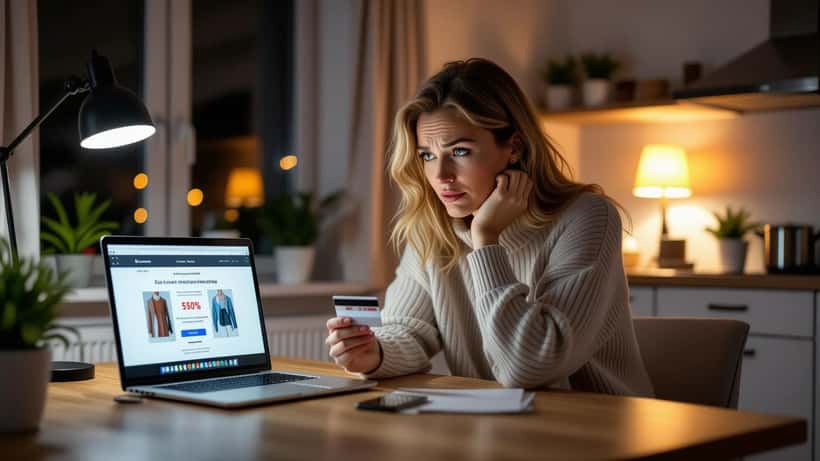 Kvinna med kreditkort tittar oroligt på en misstänkt falsk H&M-liknande webbutik på sin laptop