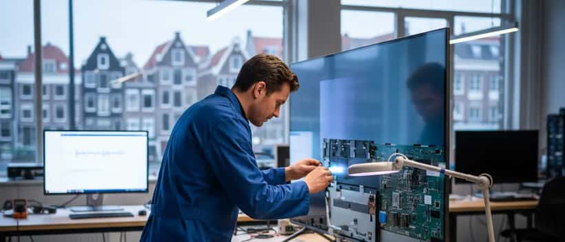 Nederlandse elektronica technicus onderzoekt een Philips OLED televisie in een reparatiewerkplaats