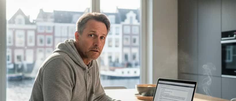 Bezorgde Nederlandse man bekijkt verdachte e-mail op laptop aan keukentafel in Rotterdam