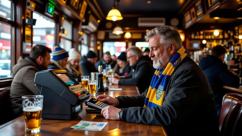 Dansk Brøndby-fan betaler med kontaktløst kort på en betalingsterminal i en pub i Edinburgh