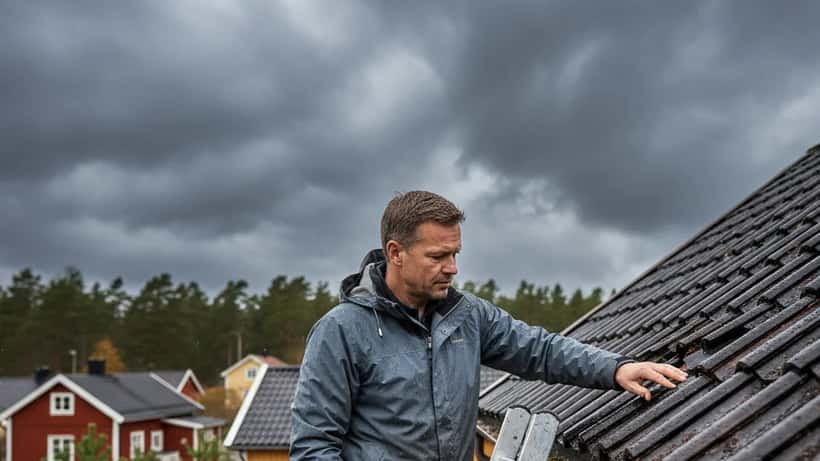 Svensk hantverkare inspekterar takskador på ett rött hus i Göteborg efter stormen Dave