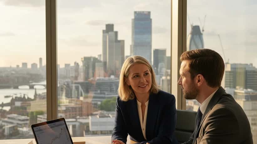 Woman consulting with a wealth manager in a London office after lottery win