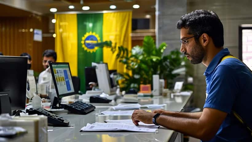 Cidadão brasileiro a entregar documentos no Consulado-Geral do Brasil em Lisboa para emissão da nova Carteira de Identidade Nacional