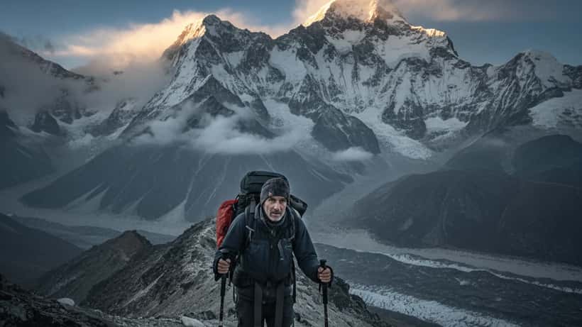 Trekker on a rocky Himalayan mountain trail in Nepal with snow-covered peaks in the background