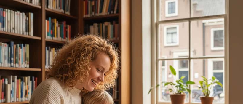 Nederlandse vrouw met krullend haar leest een kleurrijk kinderboek voor aan een jong kind aan een bibliotheektafel
