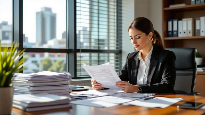 Woman reviewing employment contracts and medical documents at a Sydney law office desk