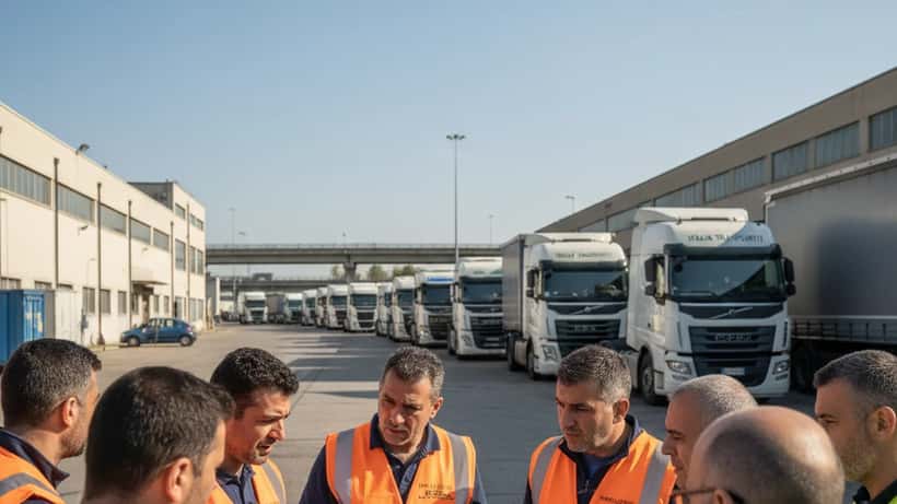 Camionisti italiani in giubbotto ad alta visibilità riuniti accanto a tir parcheggiati a Milano