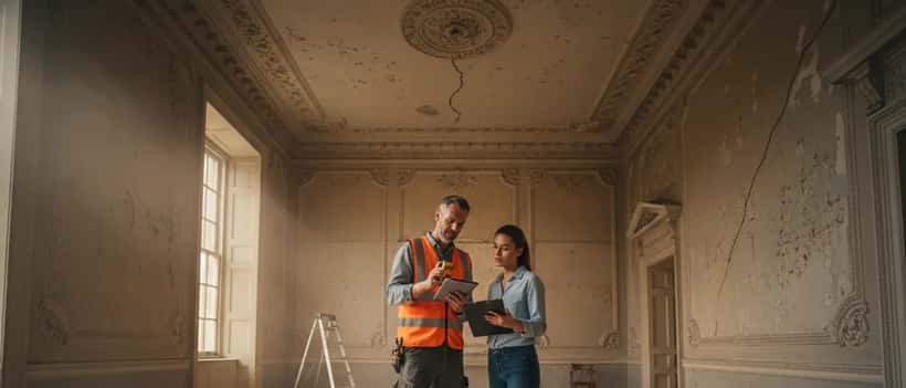 UK tradesperson conducting a professional property survey in a period house, checking structural integrity