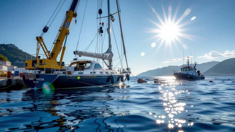 Salvage vessel alongside a partially submerged luxury sailing yacht in Mediterranean waters off Sicily