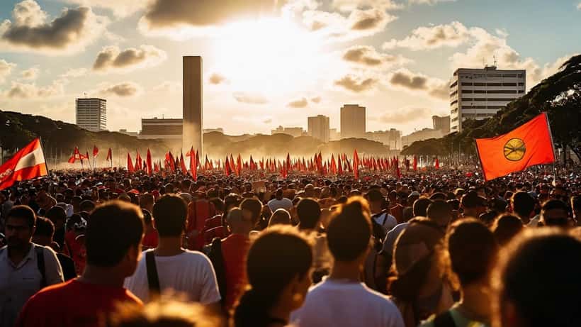Trabalhadores brasileiros marchando em Brasília em apoio ao fim da escala 6x1 em abril de 2026