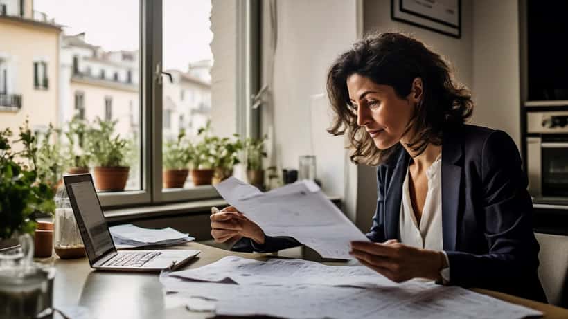 Donna italiana che analizza le spese di carburante con ricevute e laptop sul tavolo di cucina, Milano 2026