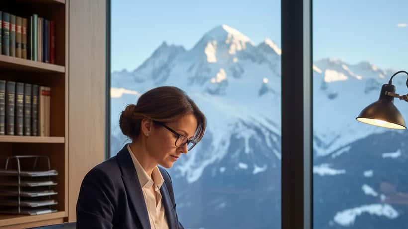 Avocate consultant des documents juridiques dans un bureau alpin avec vue sur les montagnes enneigées