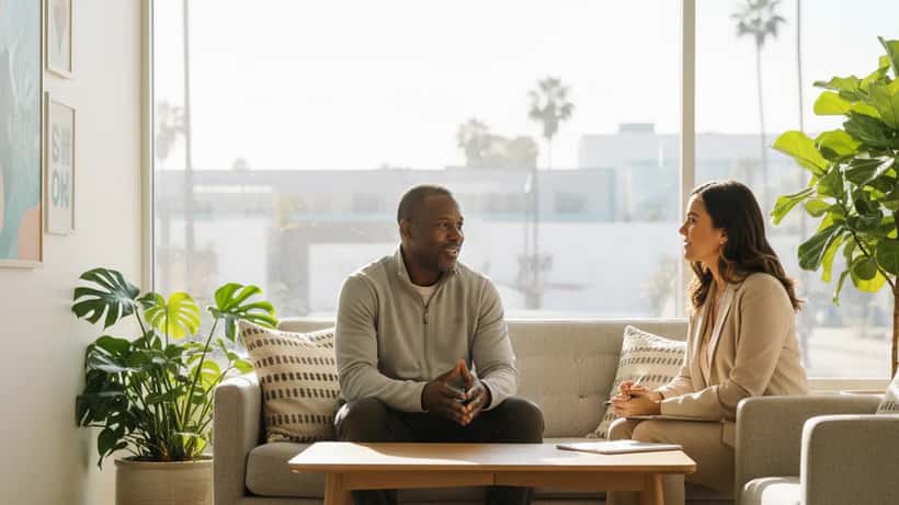 Man in recovery speaking with addiction counselor in bright Los Angeles clinic, warm sunlight, calm expression
