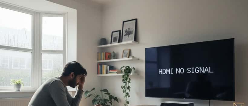 Person holding PlayStation controller in front of error screen on TV