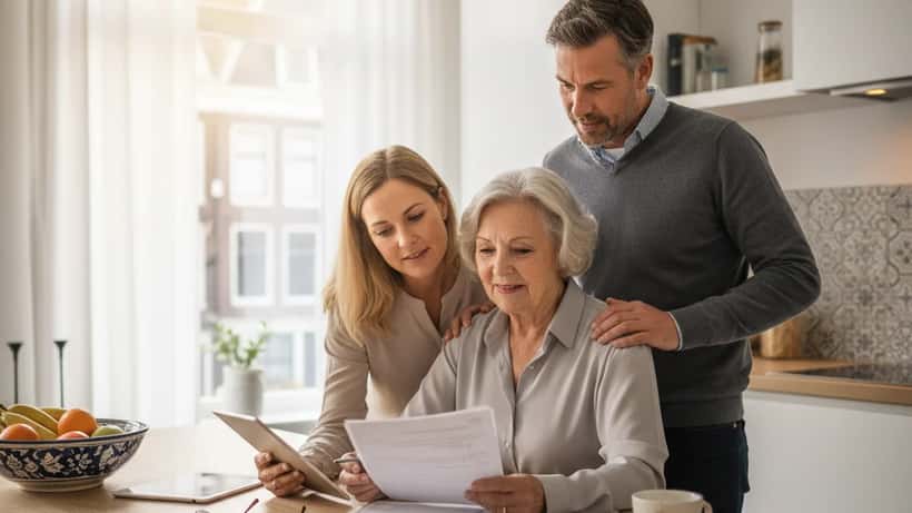 Nederlands gezin bespreken dementiezorg en financiële planning aan de keukentafel