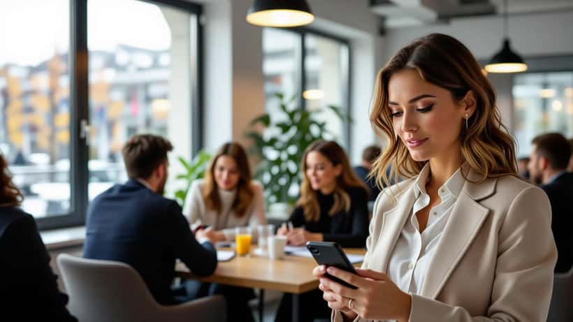 Frau prüft Smartphone bei Firmen-Event in Wien – Datenschutz und Bildrecht 2026
