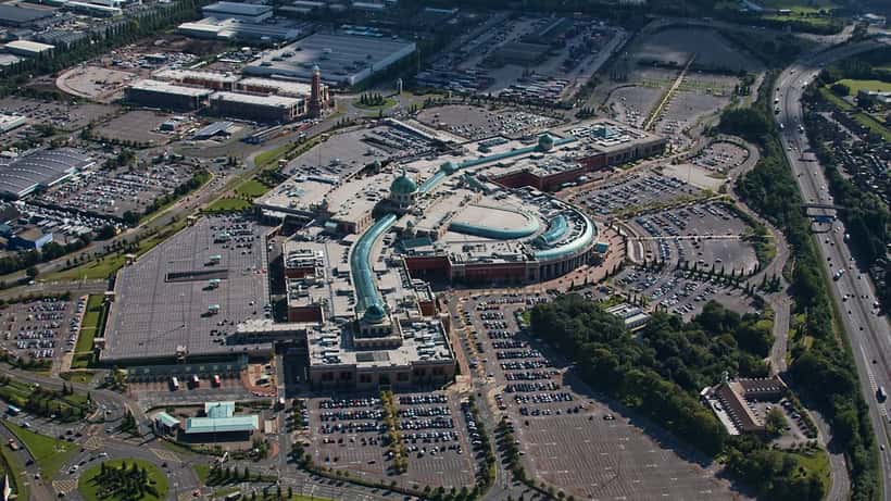 Aerial view of the Trafford Centre shopping complex in Manchester