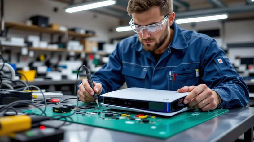 Elektronica technician repareert HDMI-poort van PlayStation 5 console in Amsterdam reparatiewerkplaats