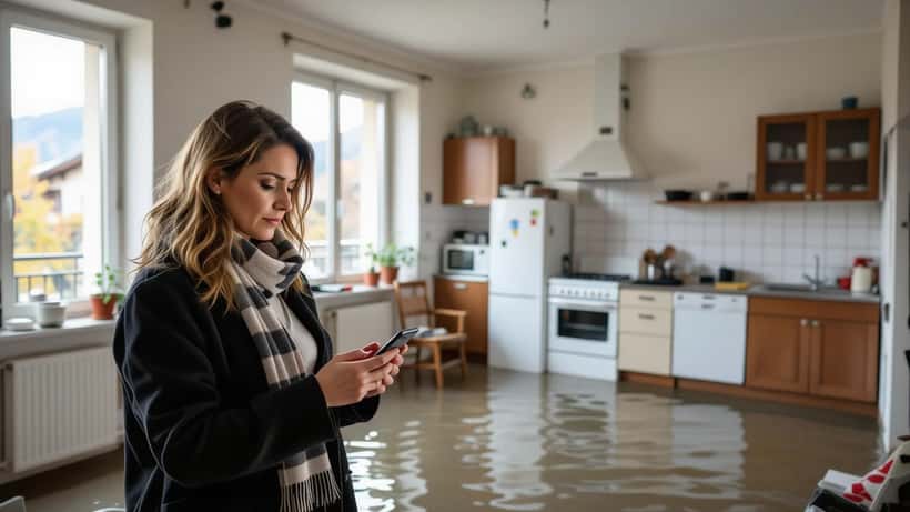 Donna italiana fotografa i danni da alluvione nel suo appartamento al piano terra a Pinerolo, Piemonte