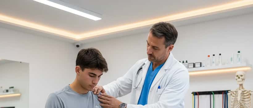 Medico sportivo milanese visita giovane tennista italiano in clinica sportiva moderna