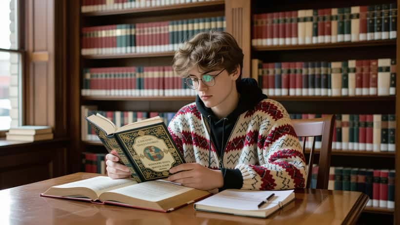 Adolescent québécois lisant un roman fantasy dans une bibliothèque de Montréal, cahier de notes scolaires ouvert à côté